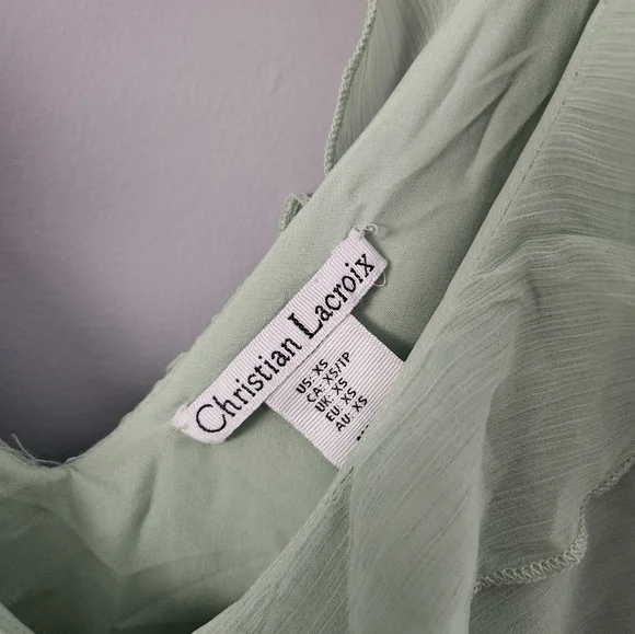 ⭕️ PRICE FIRM Christian Lacroix Green Tie Shoulder Midi Ruffle Dress Size XS - Picture 5 of 8